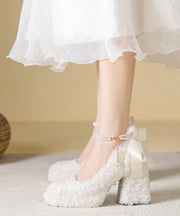 Beige Faux Fur Chunky High Heels Splicing Fuzzy Wool Lined