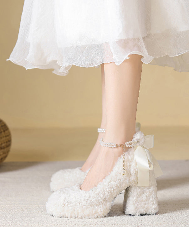 Beige Faux Fur Chunky High Heels Splicing Fuzzy Wool Lined