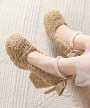 Beige Faux Fur Chunky High Heels Splicing Fuzzy Wool Lined