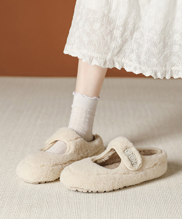 Beige Faux Fur Splicing Flat Shoes Women Fuzzy Wool Lined