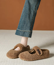 Beige Faux Fur Splicing Flat Shoes Women Fuzzy Wool Lined