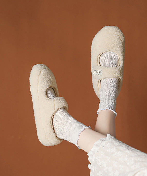 Beige Faux Fur Splicing Flat Shoes Women Fuzzy Wool Lined