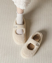 Beige Faux Fur Splicing Flat Shoes Women Fuzzy Wool Lined