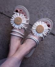 Beige Faux Leather Women Floral Splicing Slide Sandals