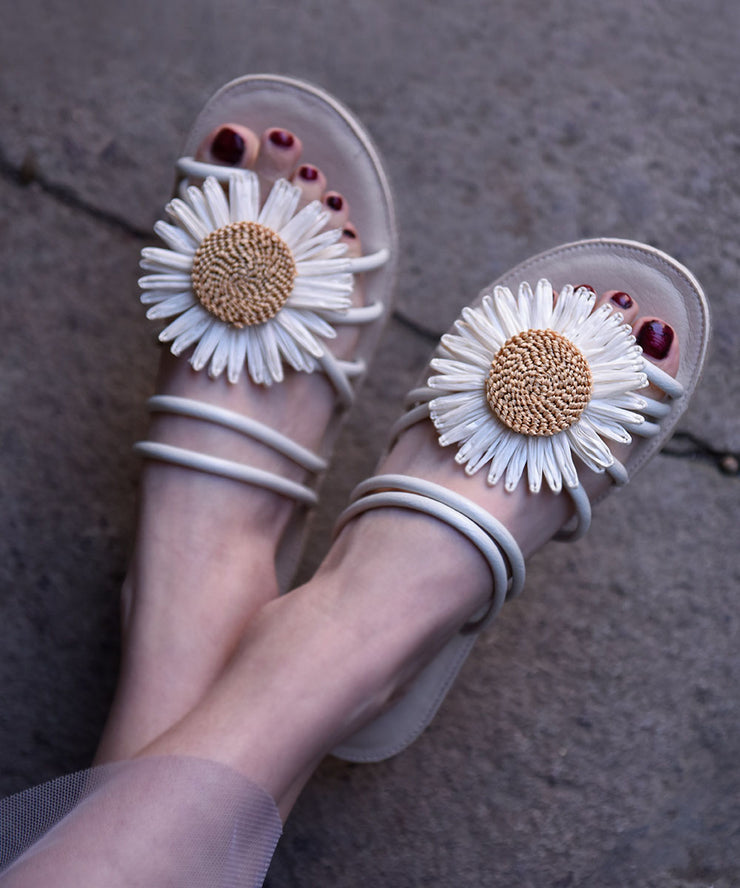 Beige Faux Leather Women Floral Splicing Slide Sandals