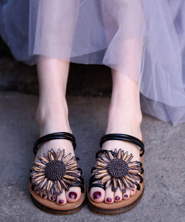 Beige Faux Leather Women Floral Splicing Slide Sandals