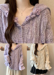 Beige Floral Button Cozy Knit Cardigan Tops Hollow Out