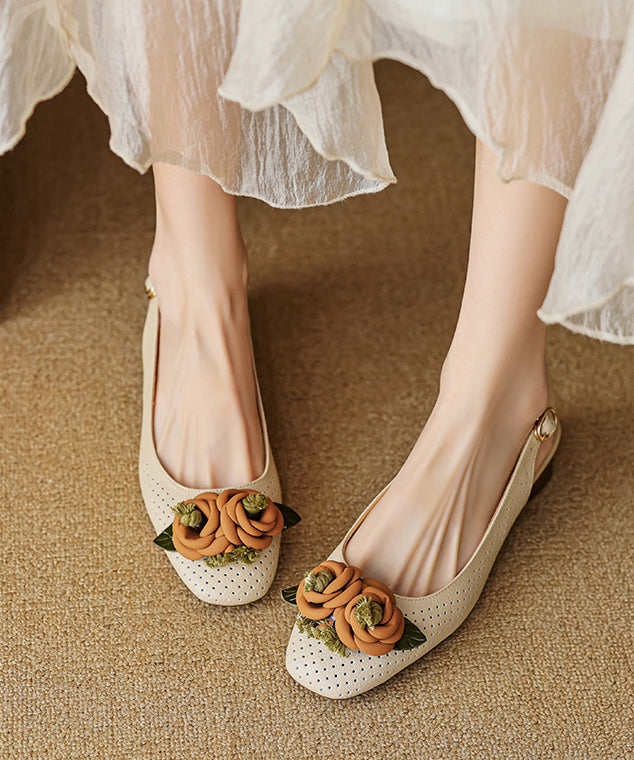 Beige Floral Chunky Sheepskin Classy Splicing Sandals Hollow Out