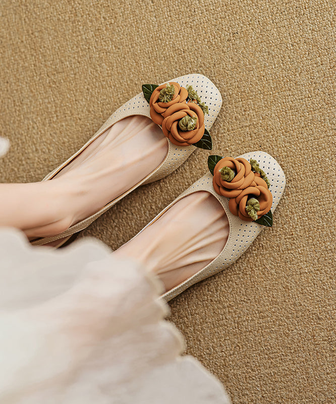 Beige Floral Chunky Sheepskin Classy Splicing Sandals Hollow Out