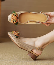 Beige Floral Chunky Sheepskin Classy Splicing Sandals Hollow Out