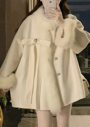 Beige Fox Collar Bow Thick Woolen Parka Winter