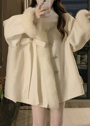 Beige Fox Collar Bow Thick Woolen Parka Winter