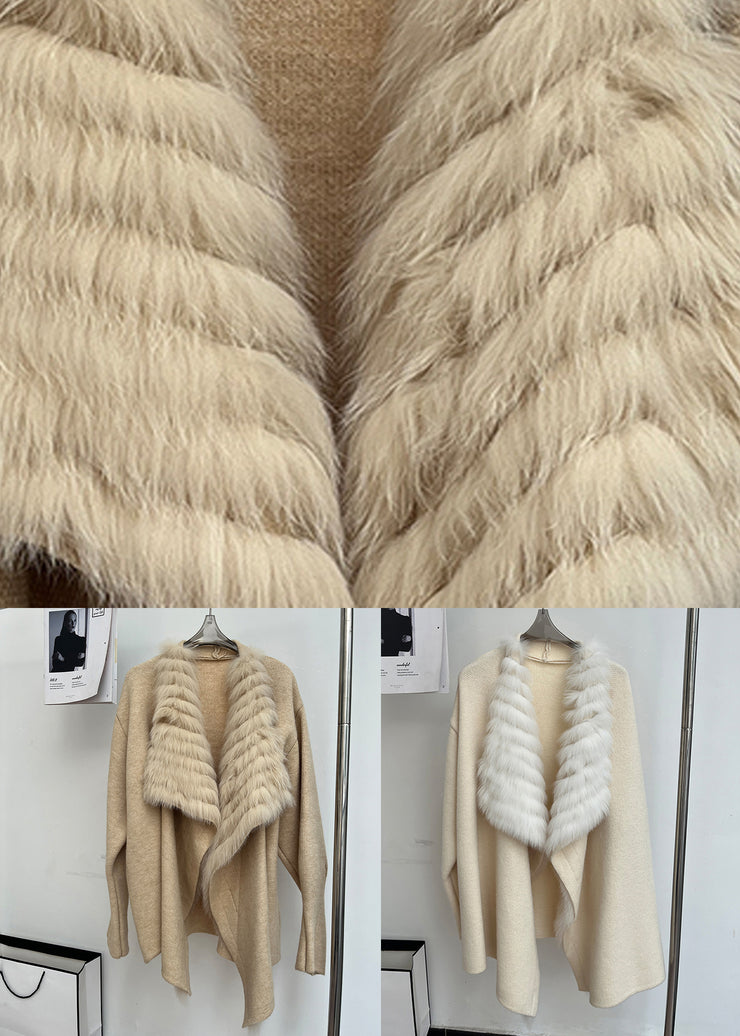 Beige Fox Collar Patchwork Woolen Cardigans Peter Pan Collar