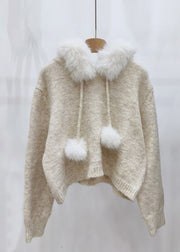 Beige Fuzzy Ball Decorated Hooded Cotton Knit Sweater Tops Winter