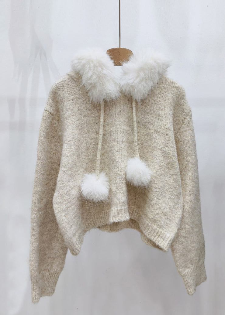 Beige Fuzzy Ball Decorated Hooded Cotton Knit Sweater Tops Winter