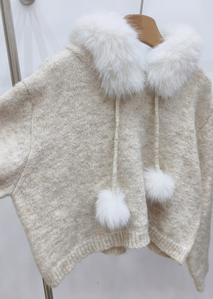 Beige Fuzzy Ball Decorated Hooded Cotton Knit Sweater Tops Winter