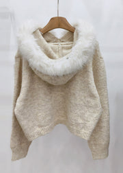 Beige Fuzzy Ball Decorated Hooded Cotton Knit Sweater Tops Winter