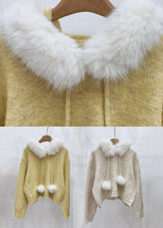 Beige Fuzzy Ball Decorated Hooded Cotton Knit Sweater Tops Winter