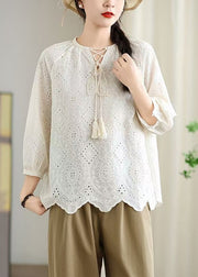 Beige Hollow Out Cotton Shirt Top Lace Up Bracelet Sleeve