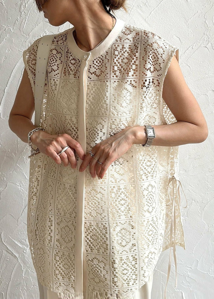Beige Hollow Out Lace Vests Oversized Lace Up Sleeveless