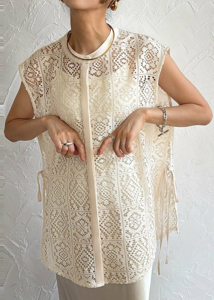 Beige Hollow Out Lace Vests Oversized Lace Up Sleeveless