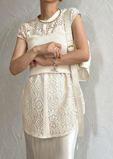 Beige Hollow Out Lace Vests Oversized Lace Up Sleeveless