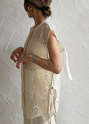 Beige Hollow Out Lace Vests Oversized Lace Up Sleeveless