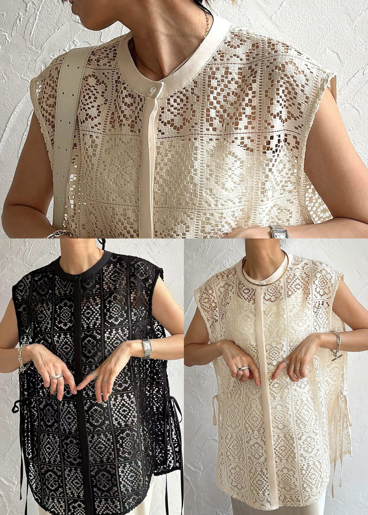 Beige Hollow Out Lace Vests Oversized Lace Up Sleeveless
