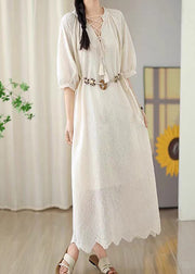 Beige Hollow Out Tassel Long Dress Short Sleeve