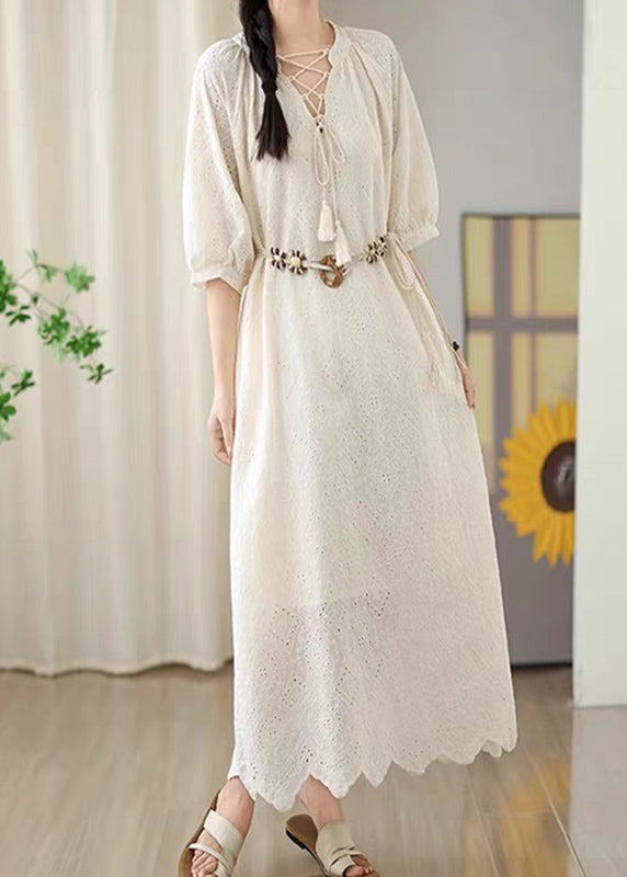 Beige Hollow Out Tassel Long Dress Short Sleeve