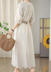 Beige Hollow Out Tassel Long Dress Short Sleeve