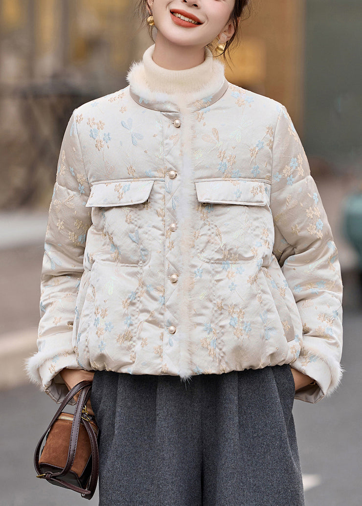 Beige Jacquard Duck Down Down Coat O Neck Pockets Winter