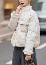Beige Jacquard Duck Down Down Coat O Neck Pockets Winter