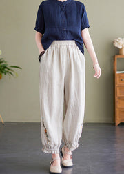 Beige Lace Pockets Linen Lantern Trousers Embroideried Summer