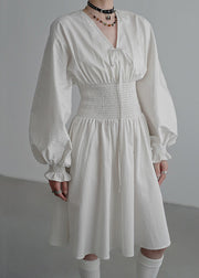 Beige Lace Up High Waist Cotton Dress V Neck Butterfly Sleeve