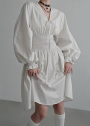 Beige Lace Up High Waist Cotton Dress V Neck Butterfly Sleeve
