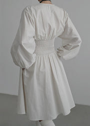 Beige Lace Up High Waist Cotton Dress V Neck Butterfly Sleeve
