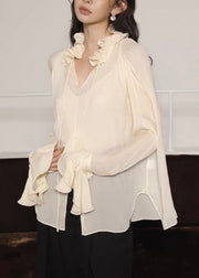 Beige Lace Up Side Open Silk Cotton Blouses Ruffled Flare Sleeve