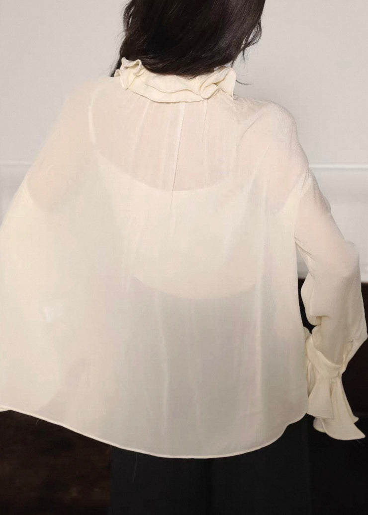 Beige Lace Up Side Open Silk Cotton Blouses Ruffled Flare Sleeve
