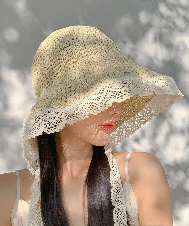 Beige Large Brimmed Lace Straw Woven Sun Hat Women Summer