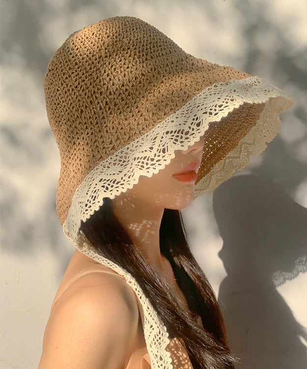 Beige Large Brimmed Lace Straw Woven Sun Hat Women Summer