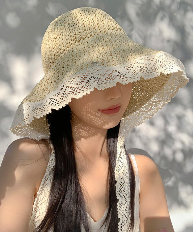 Beige Large Brimmed Lace Straw Woven Sun Hat Women Summer