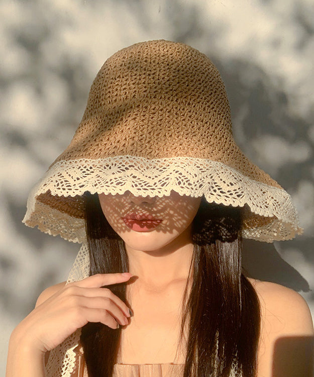 Beige Large Brimmed Lace Straw Woven Sun Hat Women Summer
