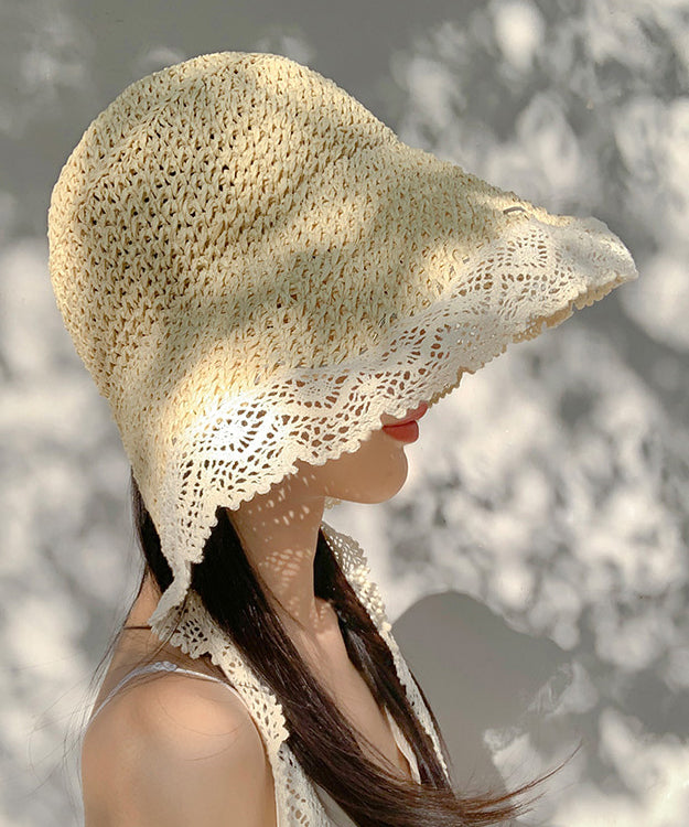 Beige Large Brimmed Lace Straw Woven Sun Hat Women Summer