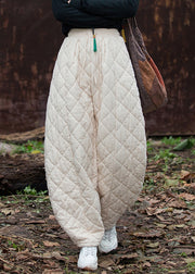 Beige Original Design Pockets Solid Cotton Filled Pants Elastic Waist