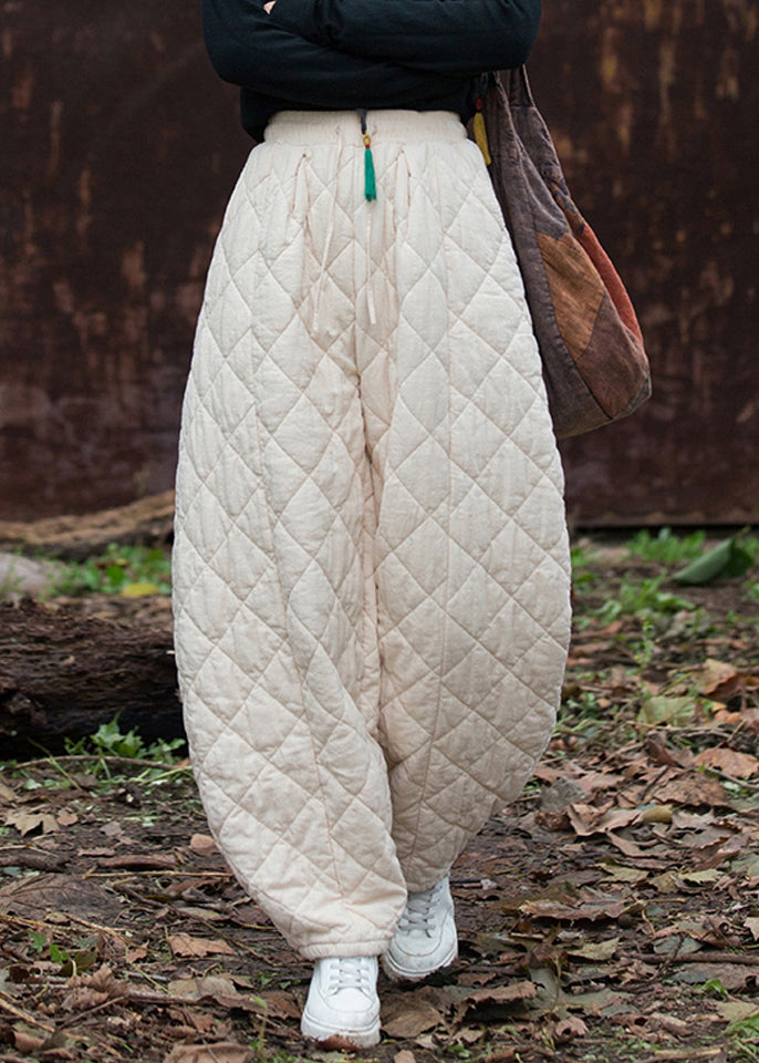 Beige Original Design Pockets Solid Cotton Filled Pants Elastic Waist