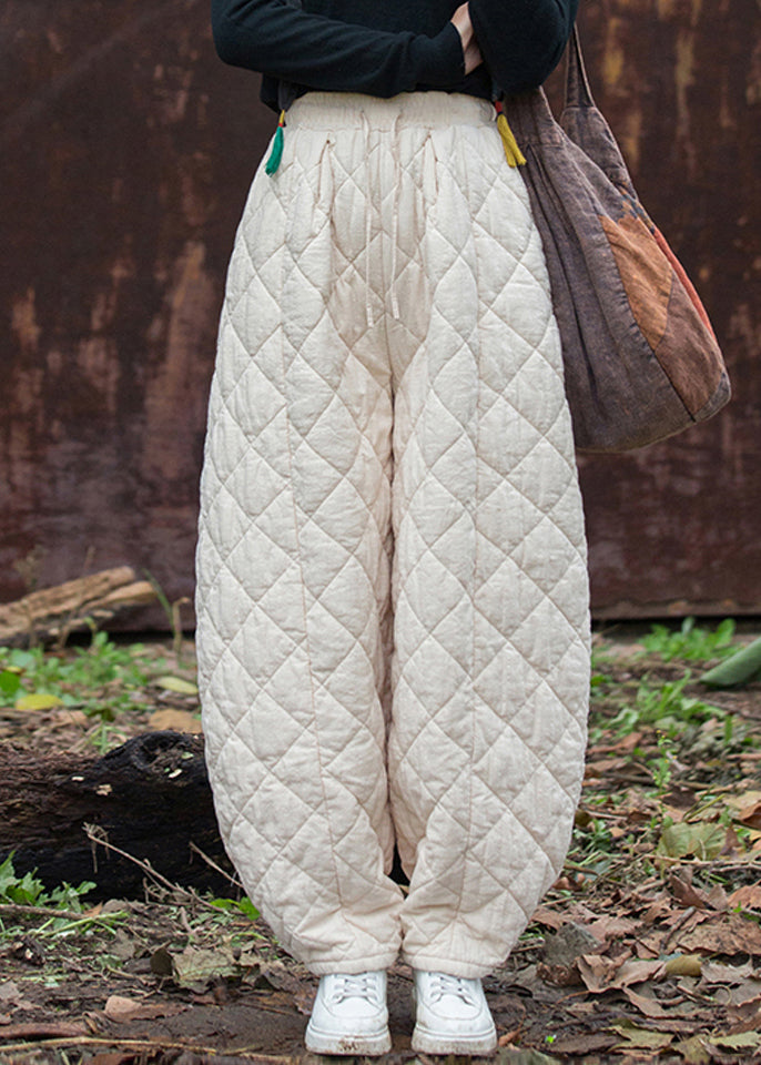 Beige Original Design Pockets Solid Cotton Filled Pants Elastic Waist