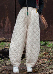 Beige Original Design Pockets Solid Cotton Filled Pants Elastic Waist