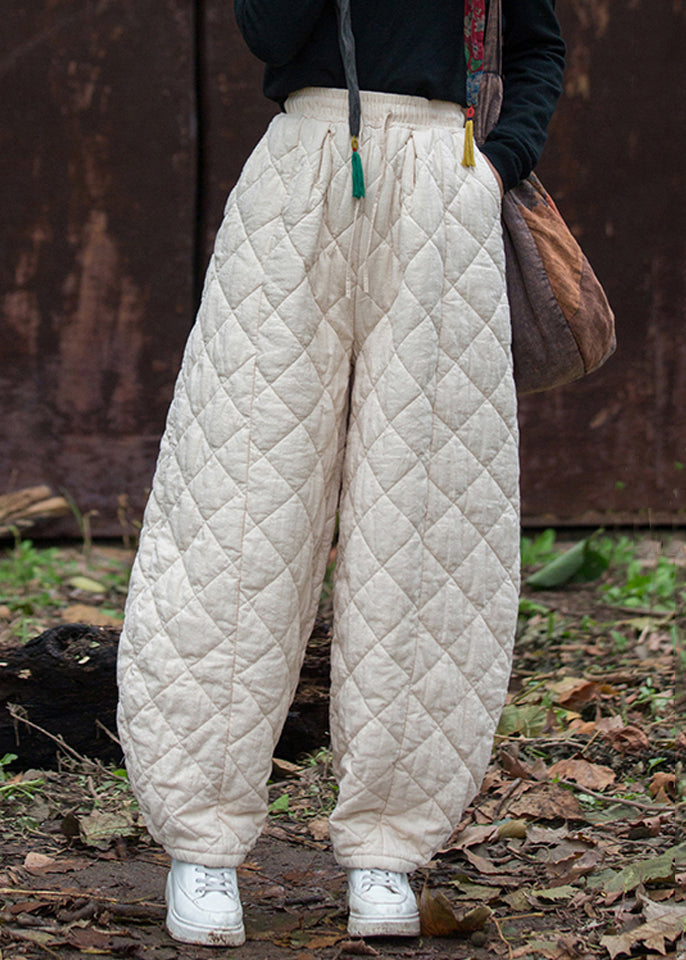 Beige Original Design Pockets Solid Cotton Filled Pants Elastic Waist