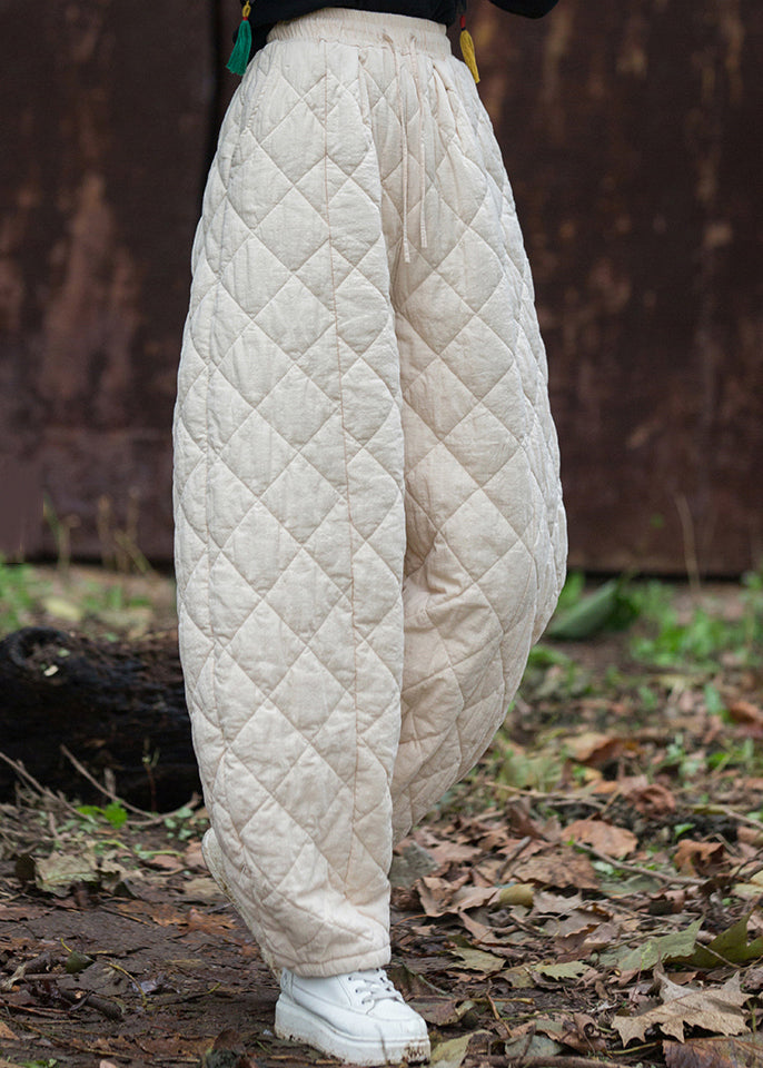 Beige Original Design Pockets Solid Cotton Filled Pants Elastic Waist